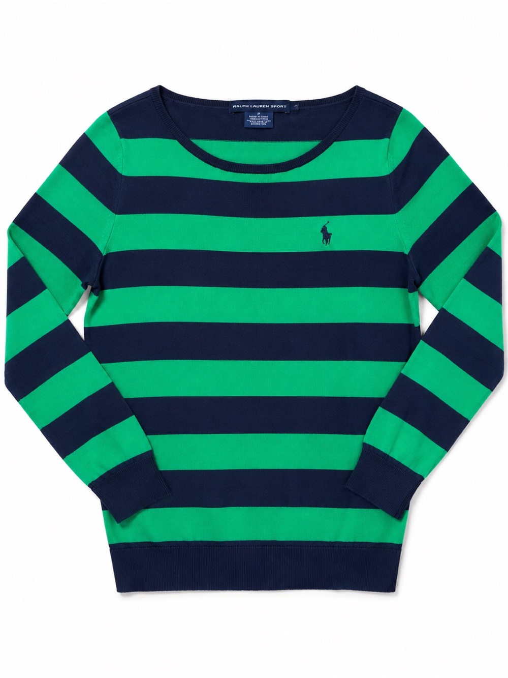 Ralph Lauren Green and Navy Striped Crewneck Sweater Quite Thin Pima Cotton
